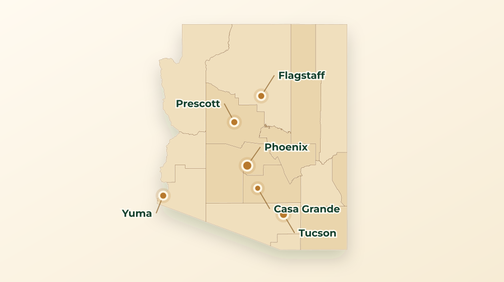 Accurate Arizona land service area map with county boundaries and major city labels